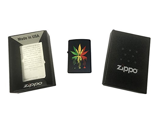 Drippy Rasta Weed Leaf - Black Matte Zippo Lighter