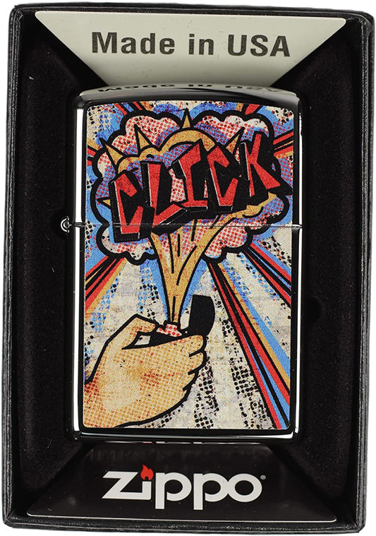 Click Halftone Comic Inspired Pop Art - High Polish Chrome Zippo Lighter