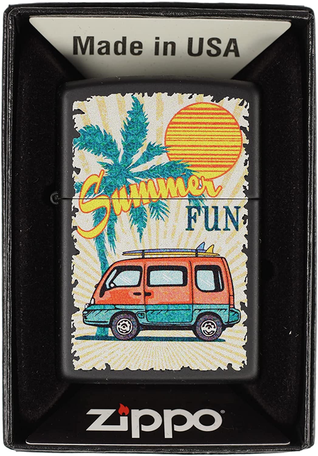 Retro Poster Style Summer Fun Van - Black Matte Zippo Lighter