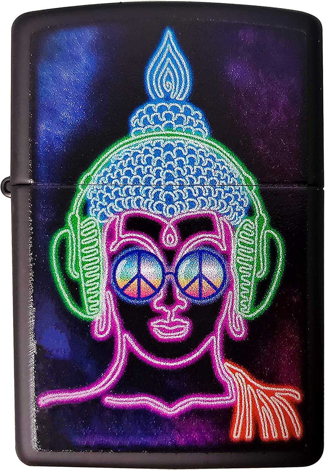 Chill Space Galaxy Headphones Neon Buddha with Peace Signs - Black Matte Zippo Lighter