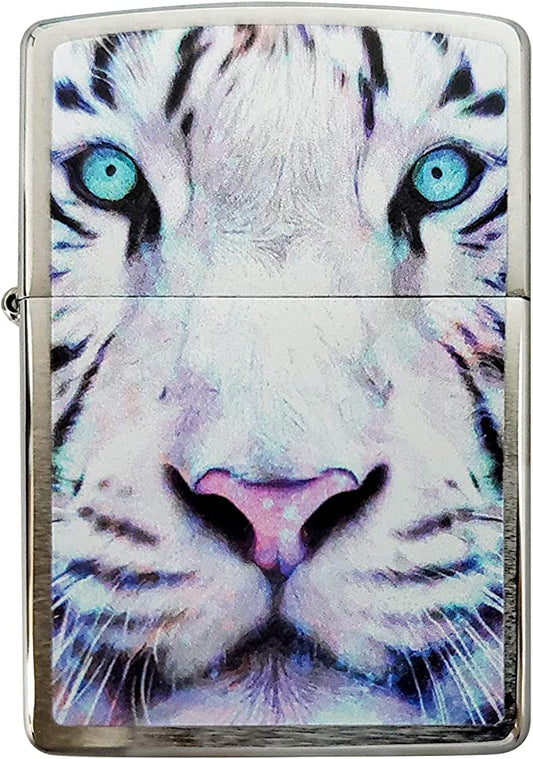 Majestic White Tiger Big Cat Face - Brushed Chrome Zippo Lighter