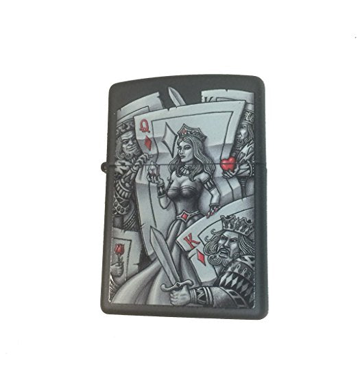 Queen of Diamonds Card Gambling with Kings - Black Matte Zippo Lighter