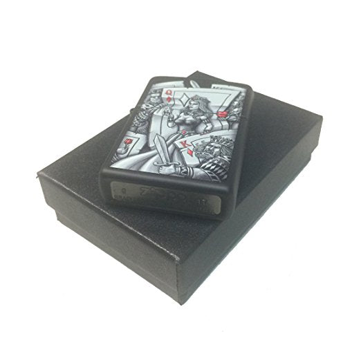 Queen of Diamonds Card Gambling with Kings - Black Matte Zippo Lighter