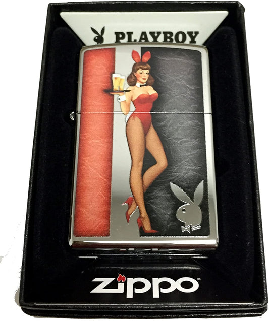 Red Costumed Playboy Cocktail Waitress with Logo - High Polish Chrome Zippo Lighter