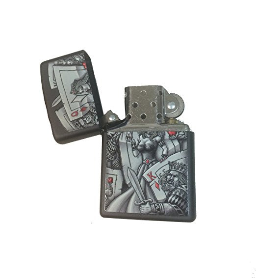 Queen of Diamonds Card Gambling with Kings - Black Matte Zippo Lighter