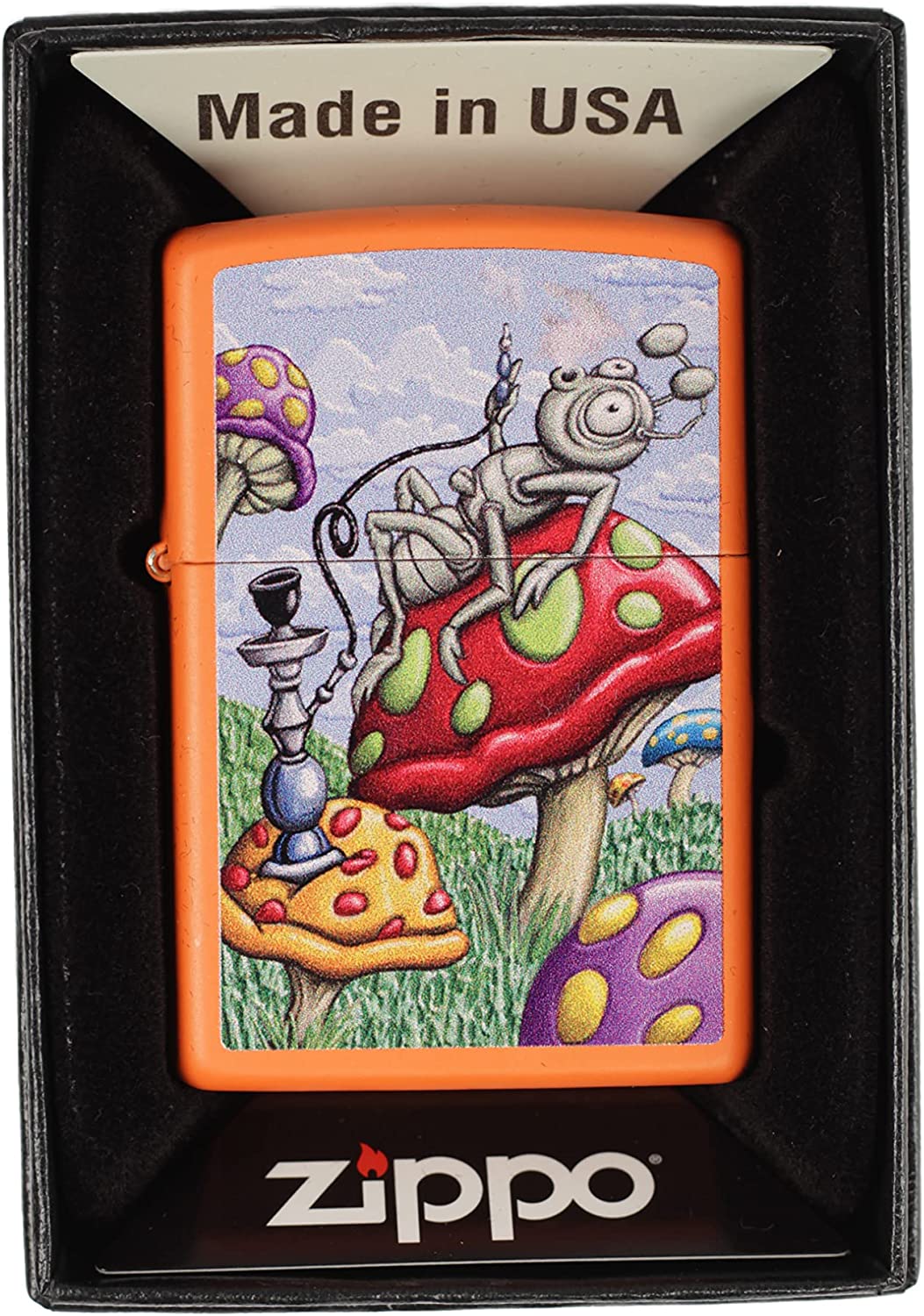 Smoking Bug and Mushrooms - Orange Matte Zippo Lighter