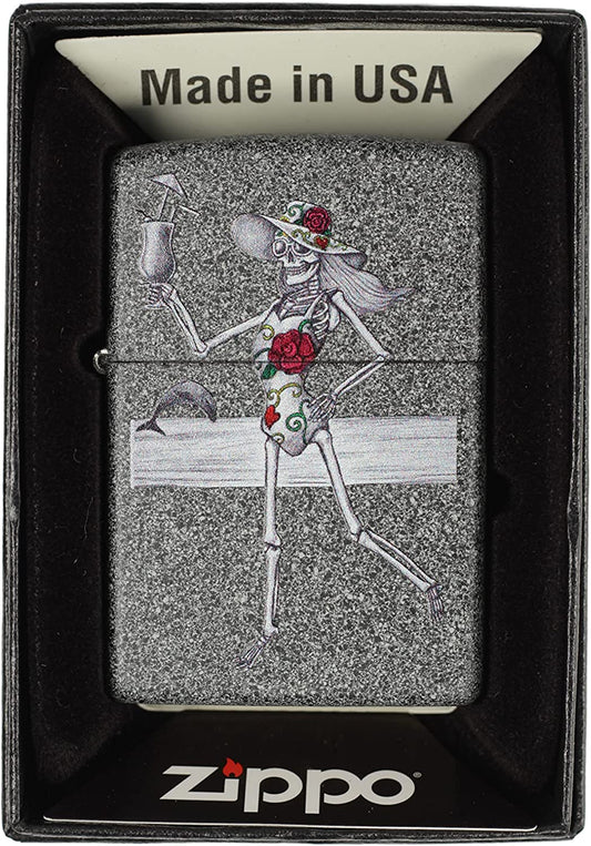 Day of the Dead Couple, Skeleton Woman at the Beach with Cocktail and Sun Hat - Iron Stone Zippo Lighter