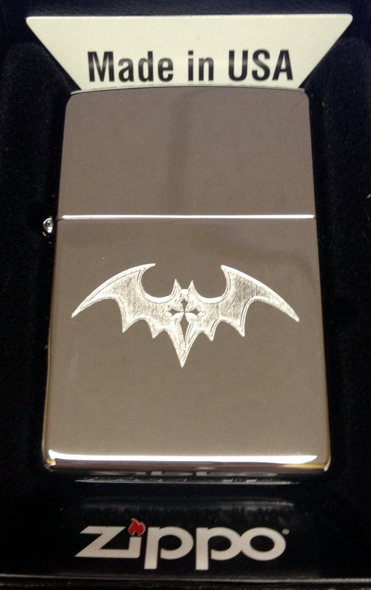 Bat with Gothic Cross Design - Engraved High Polish Chrome Zippo Lighter