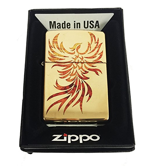 Phoenix Flying Flaming Fire Bird Tribal Logo Design - Fusion High Polish Brass Zippo Lighter