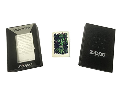 Green Face Man with Pot Leaves and Mushrooms - Cream Matte Zippo Lighter