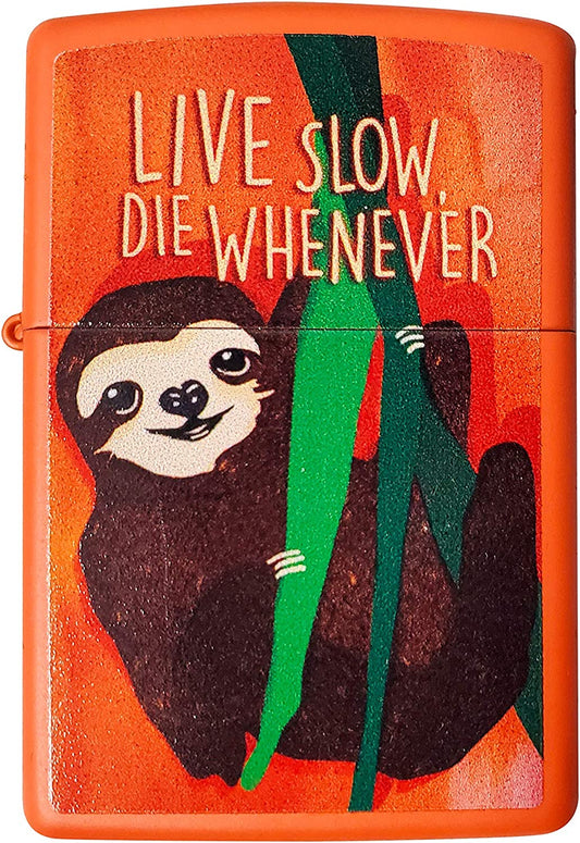 Live Slow, Die Whenever Sloth Design - Orange Matte Zippo Lighter