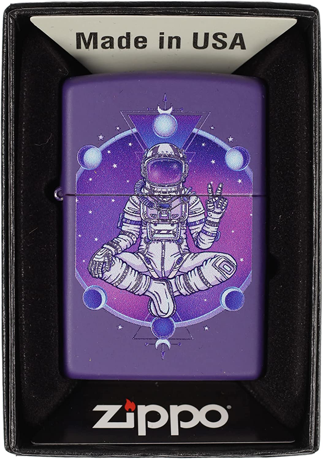 Astronaut Buddha with Phases of the Moon - Purple Matte Zippo Lighter