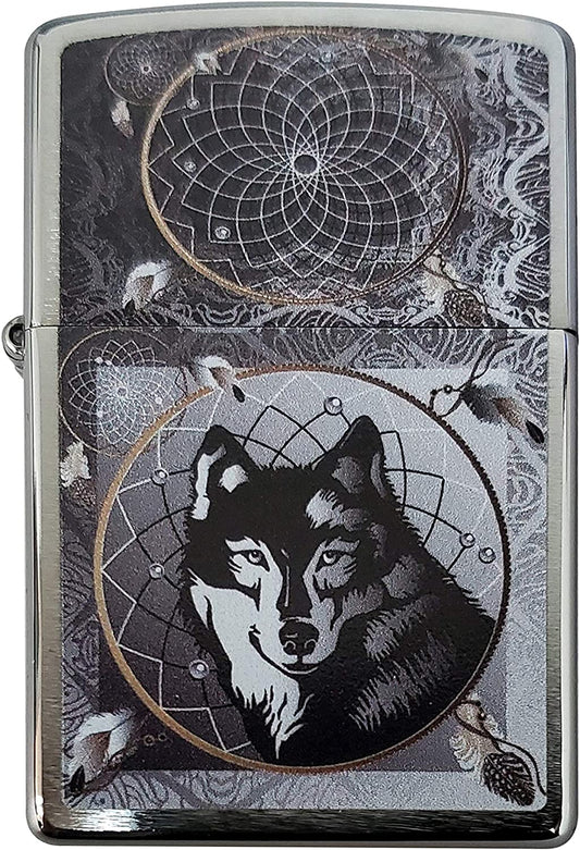 Native Dreamcatcher Wolf - Brushed Chrome Zippo Lighter