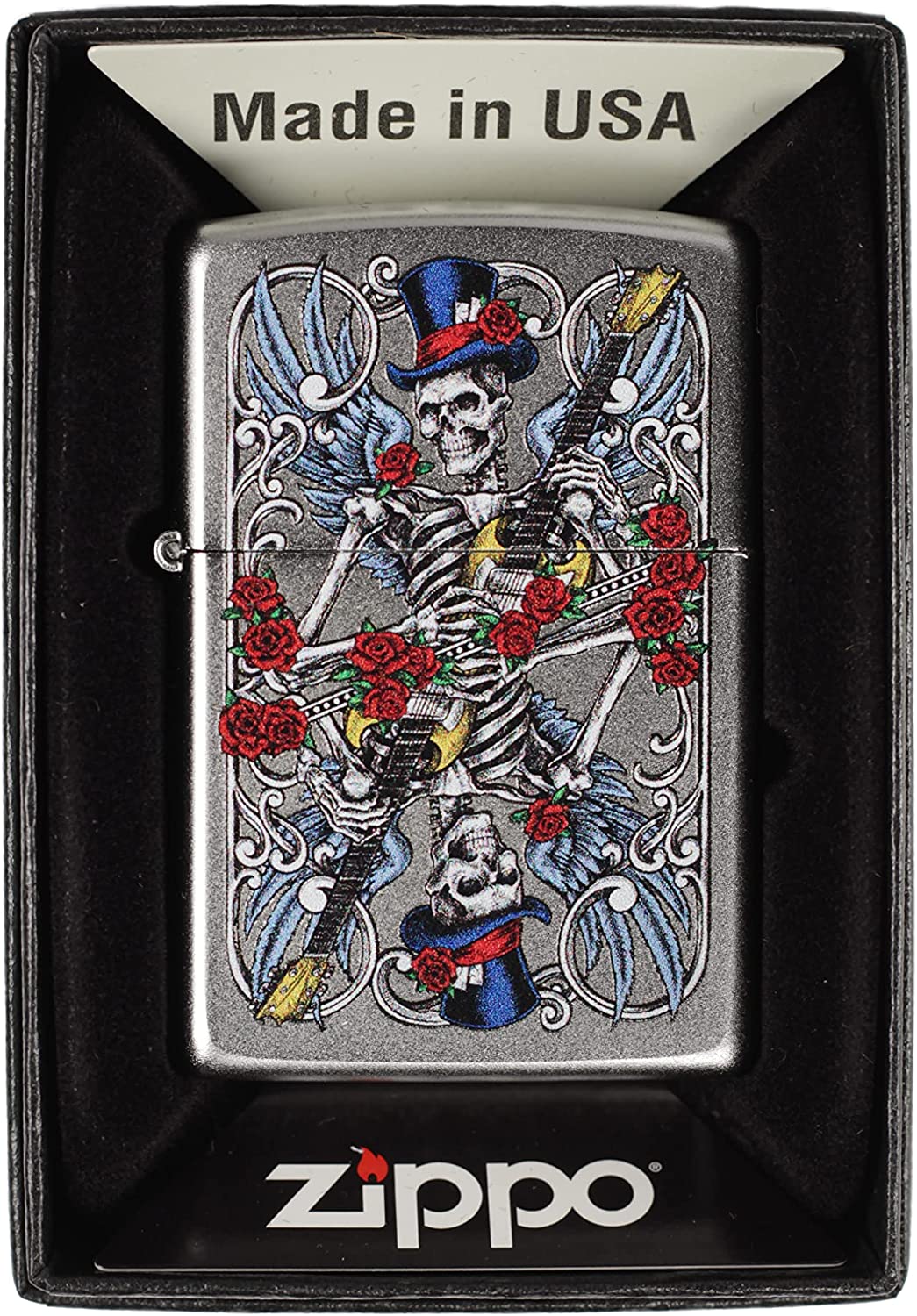 Skeletons with Roses and Guitar Card Design - Satin Chrome Zippo Lighter