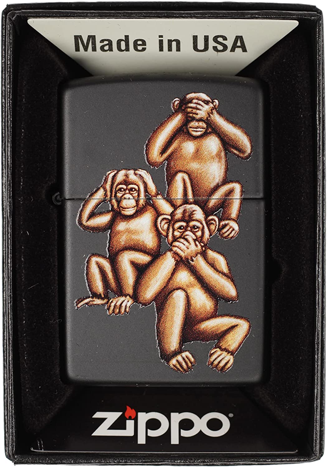 Three Monkeys See No Evil, Hear No Evil, Speak No Evil - Black Matte Zippo Lighter
