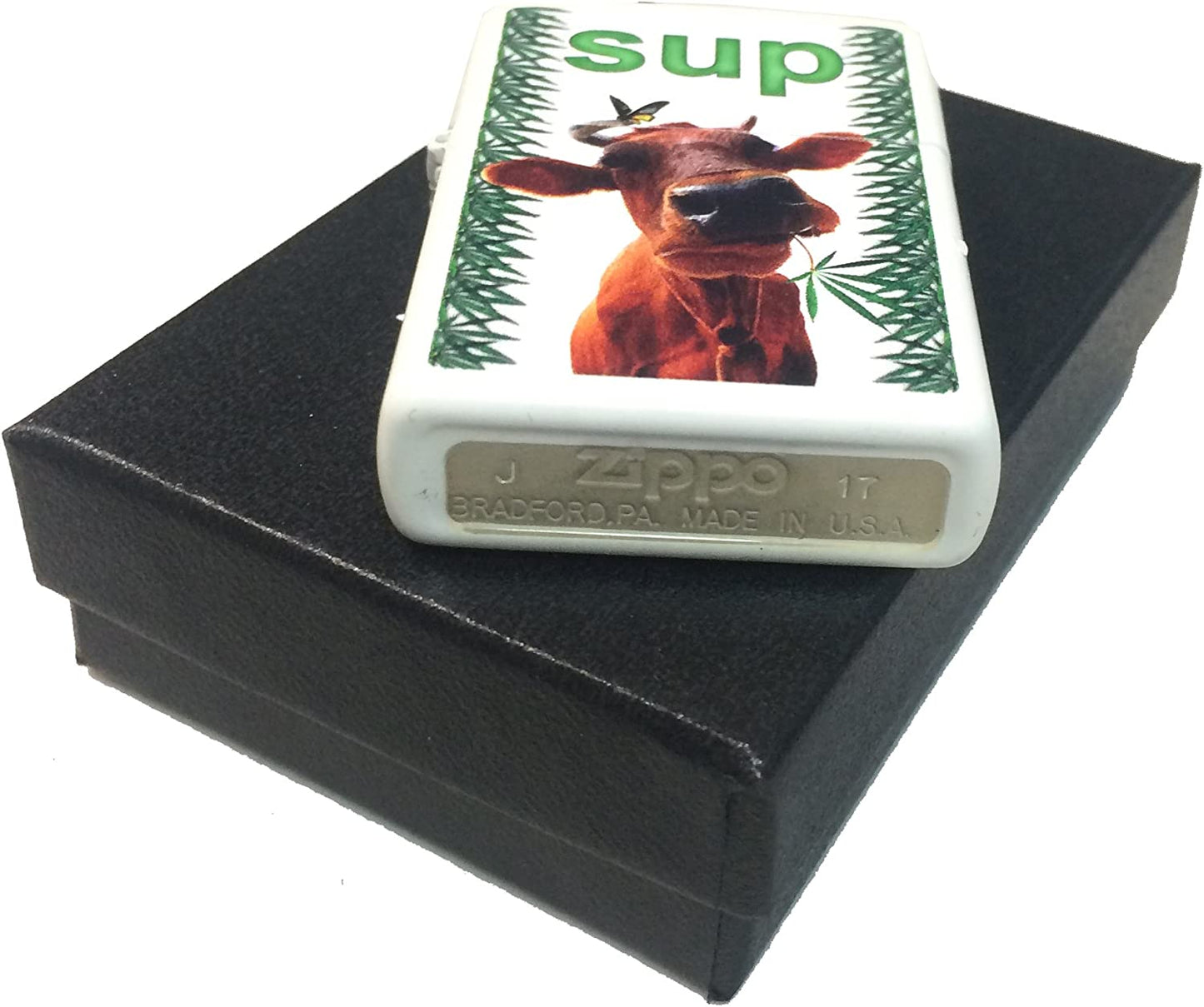 "Sup" Cow with Leaf - White Matte Zippo Lighter
