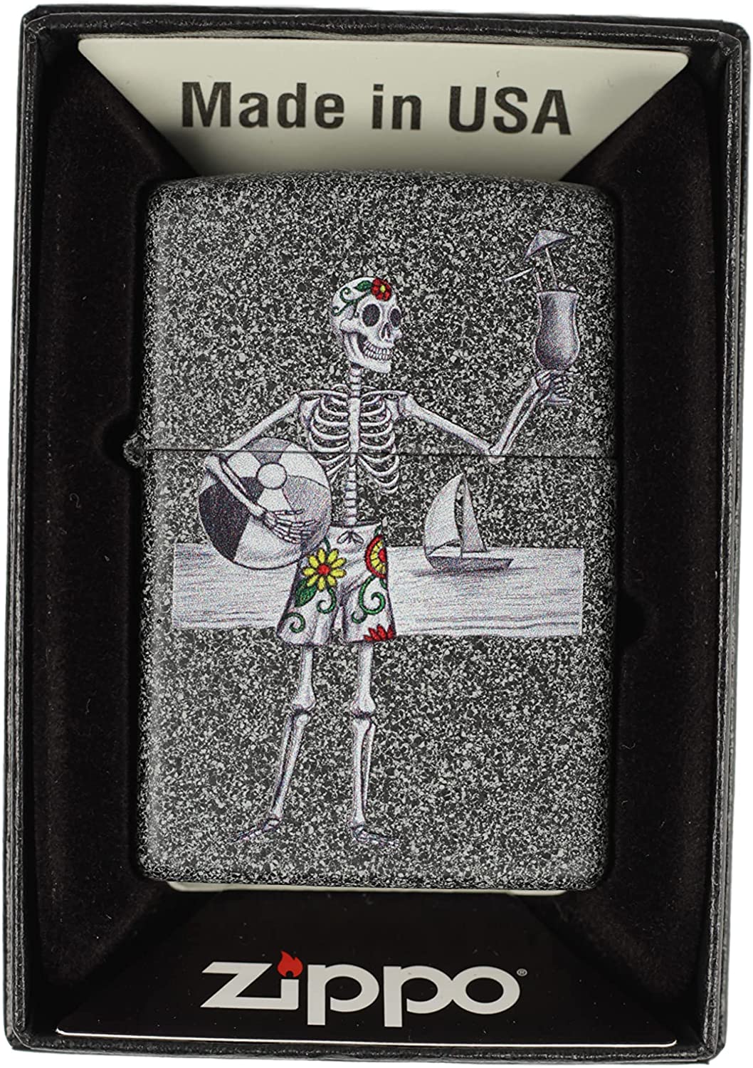 Day of the Dead Couple, Skeleton Man at the Beach with Ball and Cocktail - Iron Stone Zippo Lighter