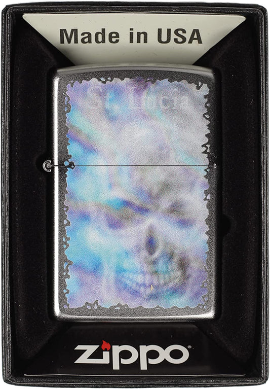 St. Lucia Foggy Skull Design - Satin Chrome Zippo Lighter