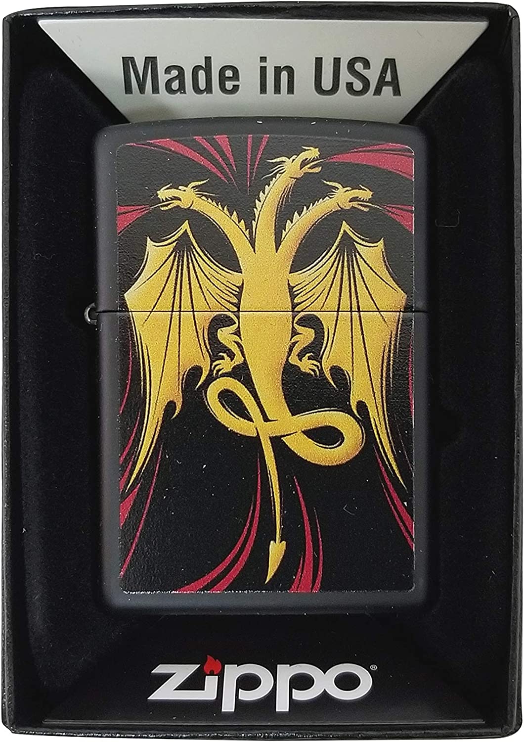 3 Headed Fantasy Dragon Design - Black Matte Zippo Lighter