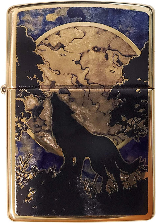 Full Moon Howling Wolf Silhouette - Fusion High Polish Brass Zippo Lighter