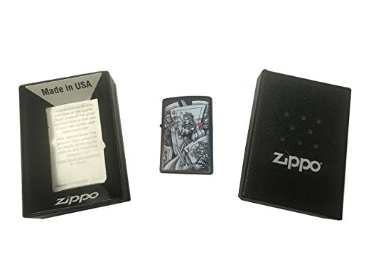 Queen of Diamonds Card Gambling with Kings - Black Matte Zippo Lighter