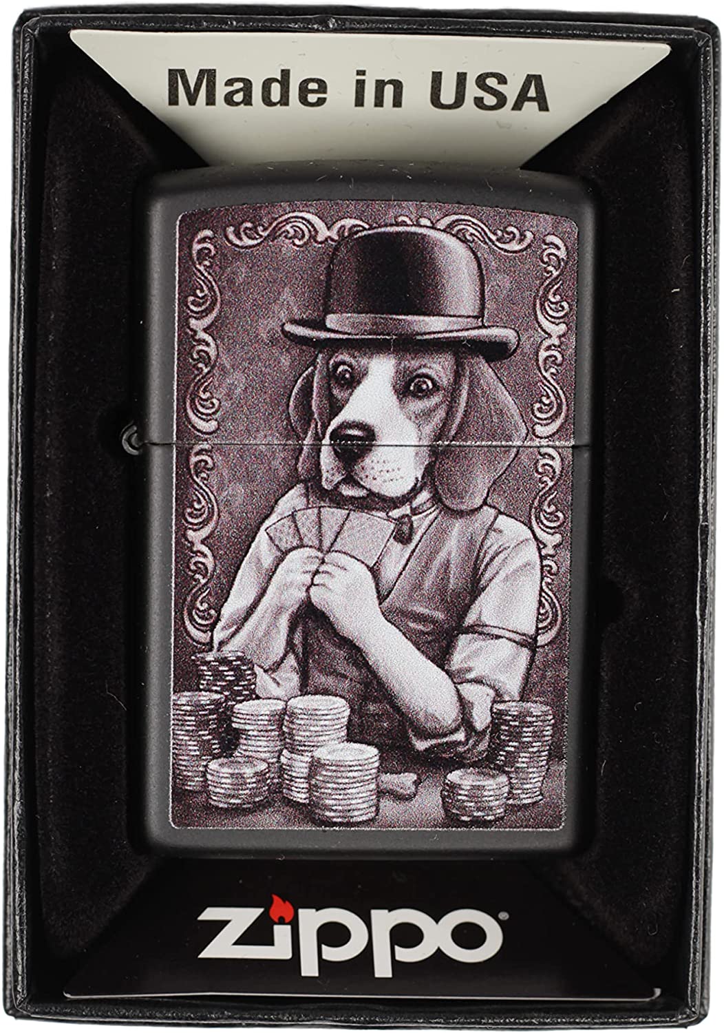 Poker Dog Holding Cards - Black Matte Zippo Lighter