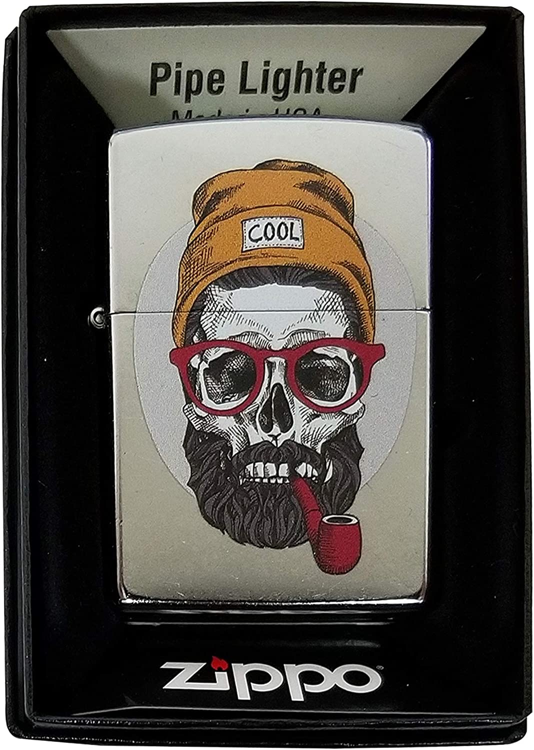 Hipster Skull with Beanie and Beard Smoking a Pipe - Street Chrome Zippo Lighter