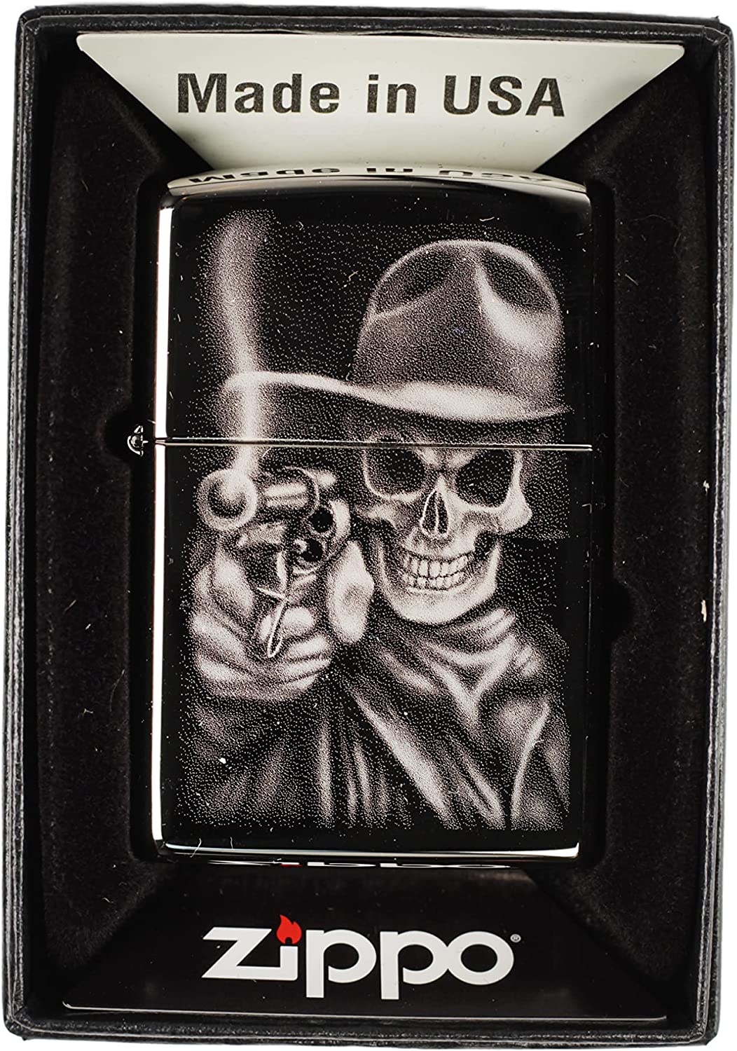 Ghostly Smoking Gun Skull Shooter - Engraved Black Ice Zippo Lighter