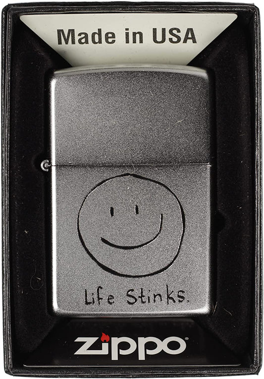 Smiley Face Life Stinks - Satin Chrome Zippo Lighter