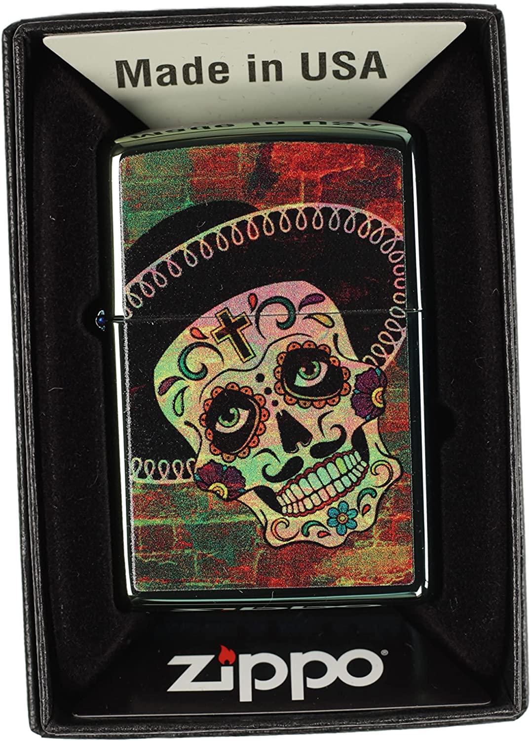 Day of the Dead Skull with Sombrero on Colorful Bricks - High Polish Teal Zippo Lighter