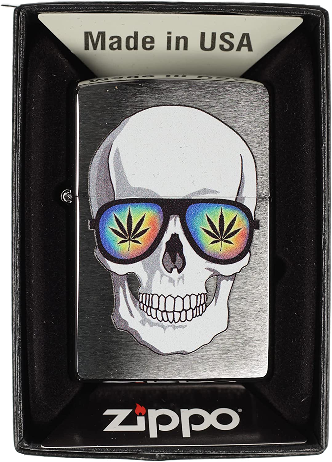Skull with Psychedelic Rainbow Shades - Brushed Chrome Zippo Lighter