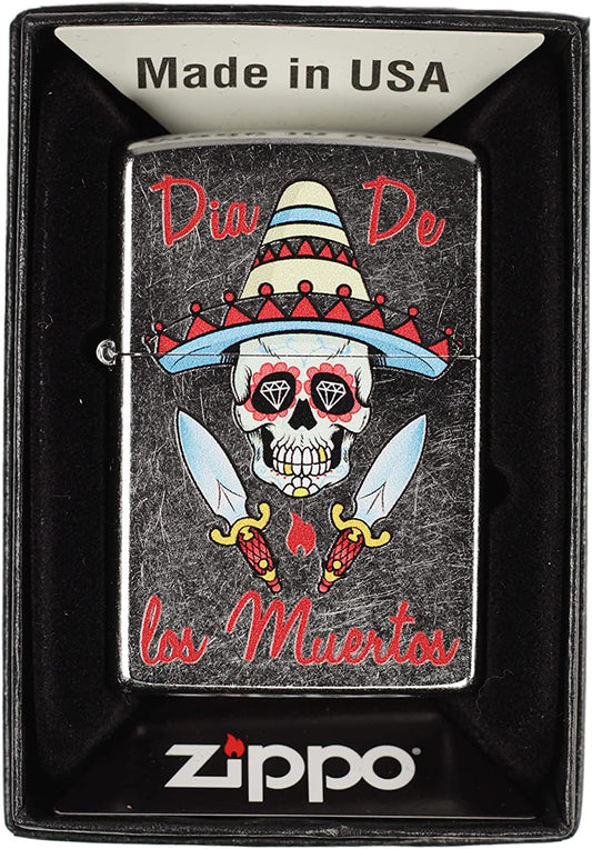 Dia De Los Muertos Skull with Sombrero - Street Chrome Zippo Lighter