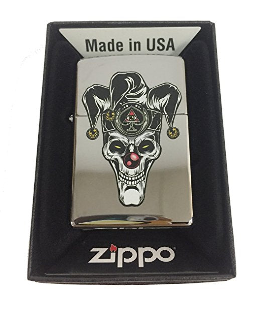 Scary Skull Jester Clown Ace of Spades - High Polish Chrome Zippo Lighter