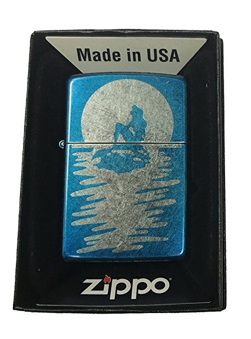 Sexy Sea Mermaid on Rock Silhouette - Engraved High Polish Blue/Sapphire Zippo Lighter