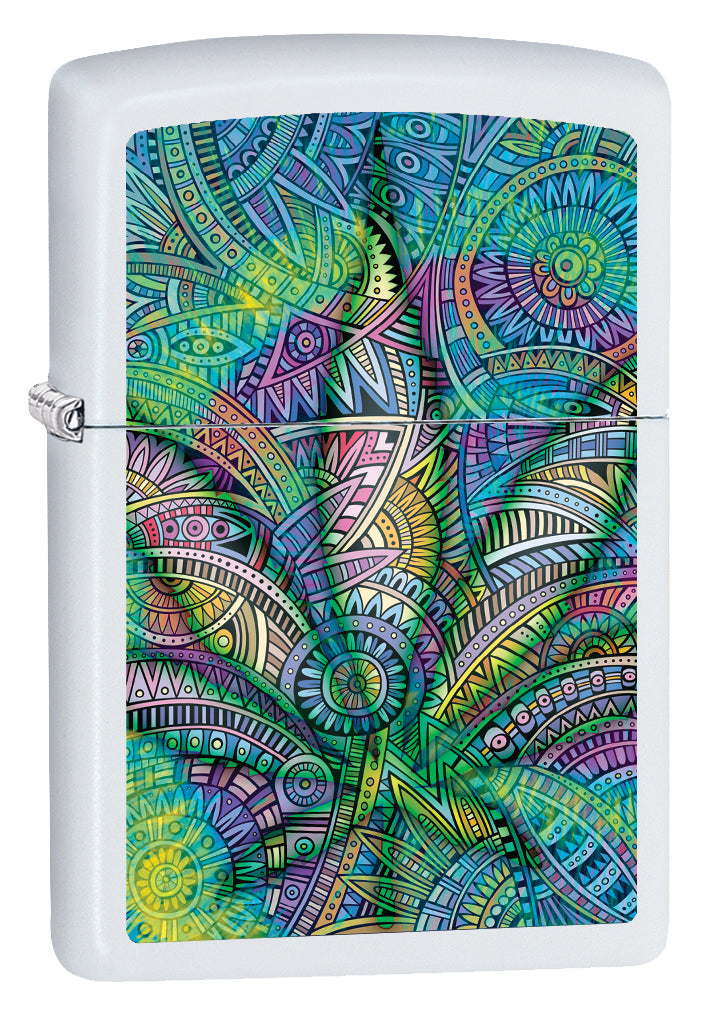 Double Sided Paisley Colorful Leaf - White Matte Zippo Lighter