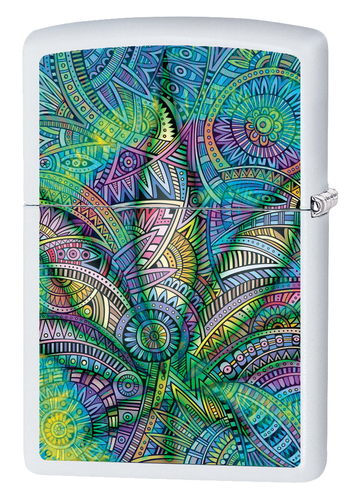 Double Sided Paisley Colorful Leaf - White Matte Zippo Lighter