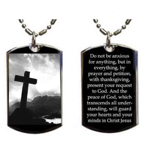 Christian Jesus Christ Cross Philippians 4:6-7 Pendant Double Sided Logo - Military Dog Tag, Luggage Tag Metal Chain Necklace