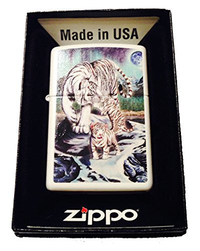 Celestial White Bengal Tiger & Cubs w Moon/Stars - White Matte Zippo Lighter