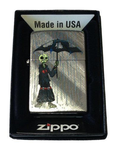 Gray Days Emo Punk Skull Guy with Rain and Umbrella - Diagonal Weave Zippo Lighter